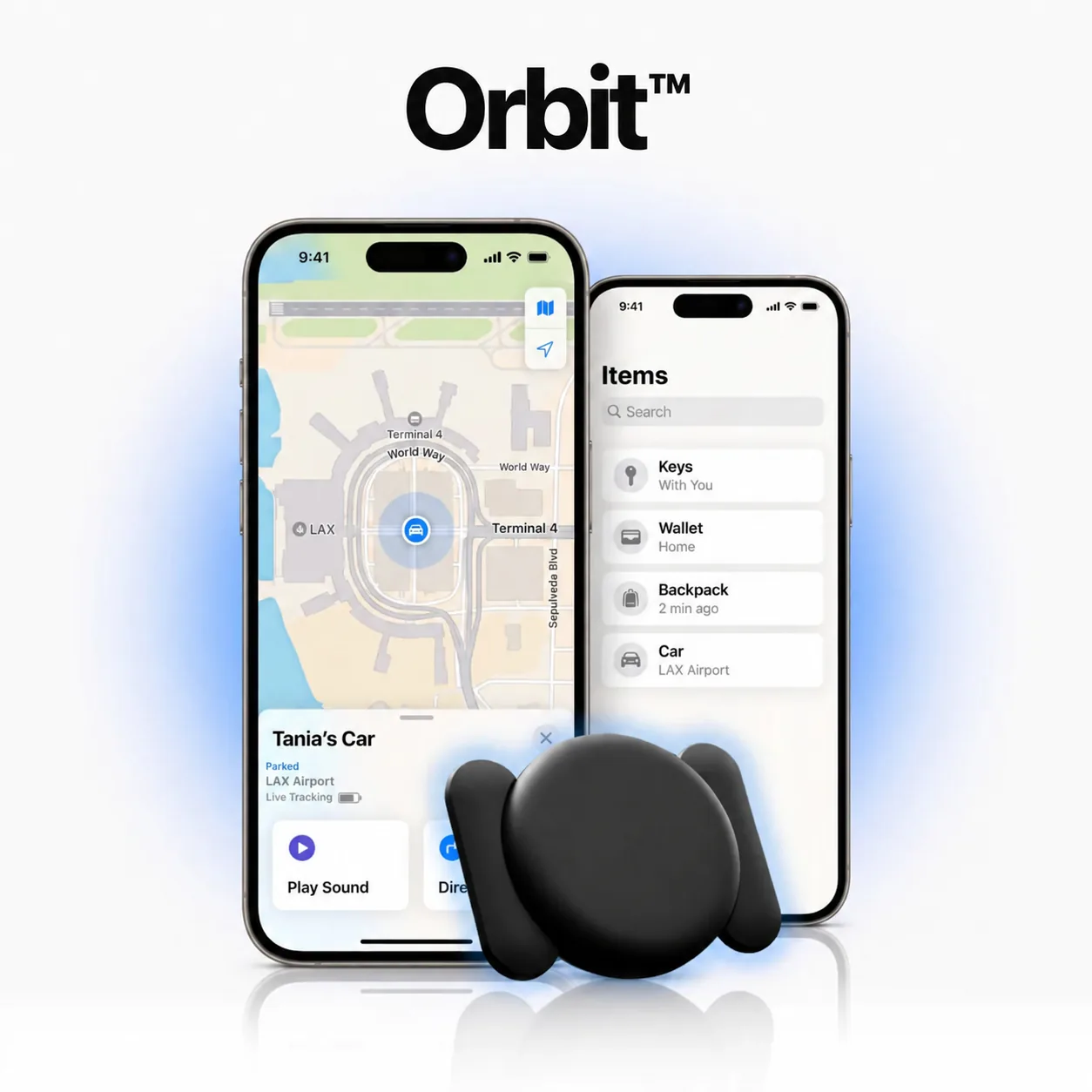 Orbit tracker beside phones showing live item locations